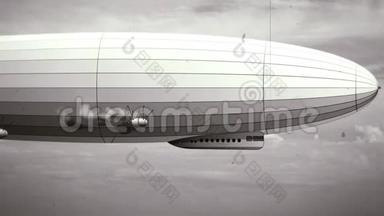 传说中巨大的齐柏林飞艇在天空。 黑白复古风格化，老电影..